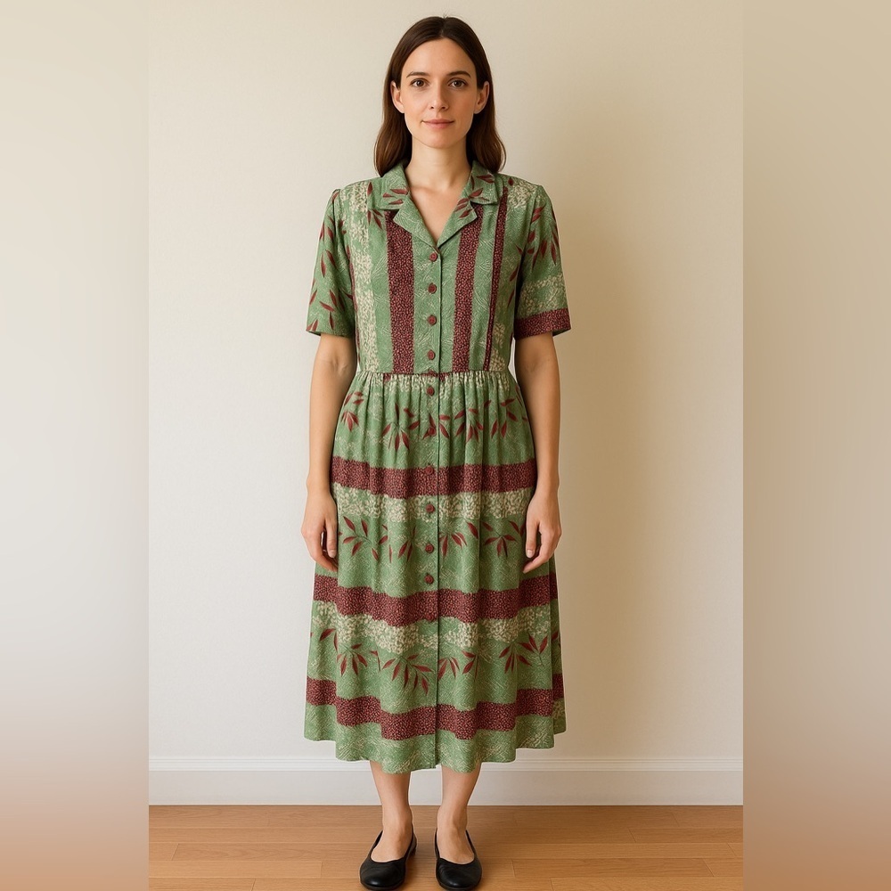 Vintage Green Burgundy Silk 3/4 Button Front Midi Dress Floral Pattern No Tag XL